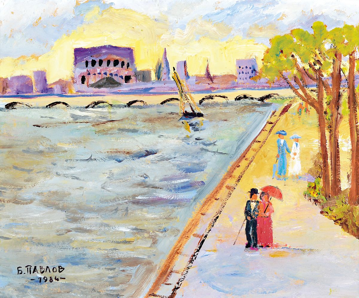 Boris Pavlov, 1928 Belvas, Lettland-2005 Frankreich, Titel: Spaziergang entlang der Garonne, Öl/Karton, vorderseitig sign., dat. 1984, verso mit ...