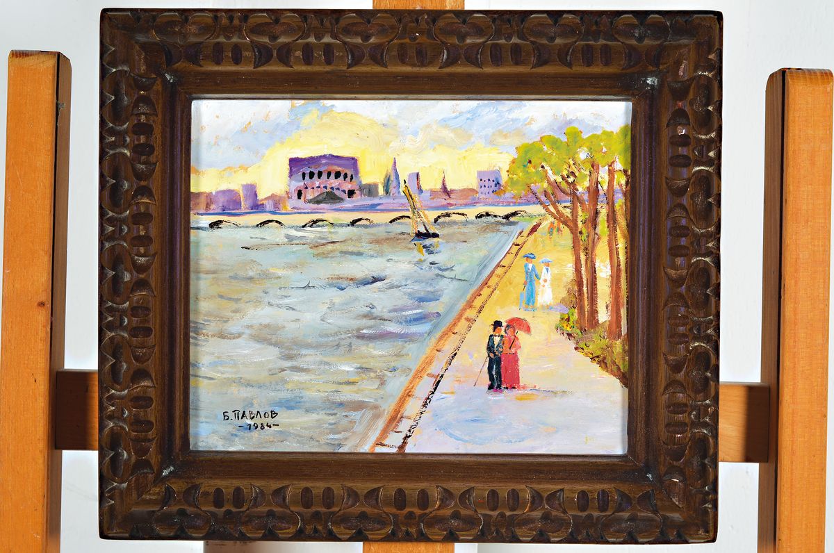 Detail k: Boris Pavlov, 1928 Belvas, Lettland-2005 Frankreich, Titel: Spaziergang entlang der Garonne, Öl/Karton, vorderseitig sign., dat. 1984, verso mit ...