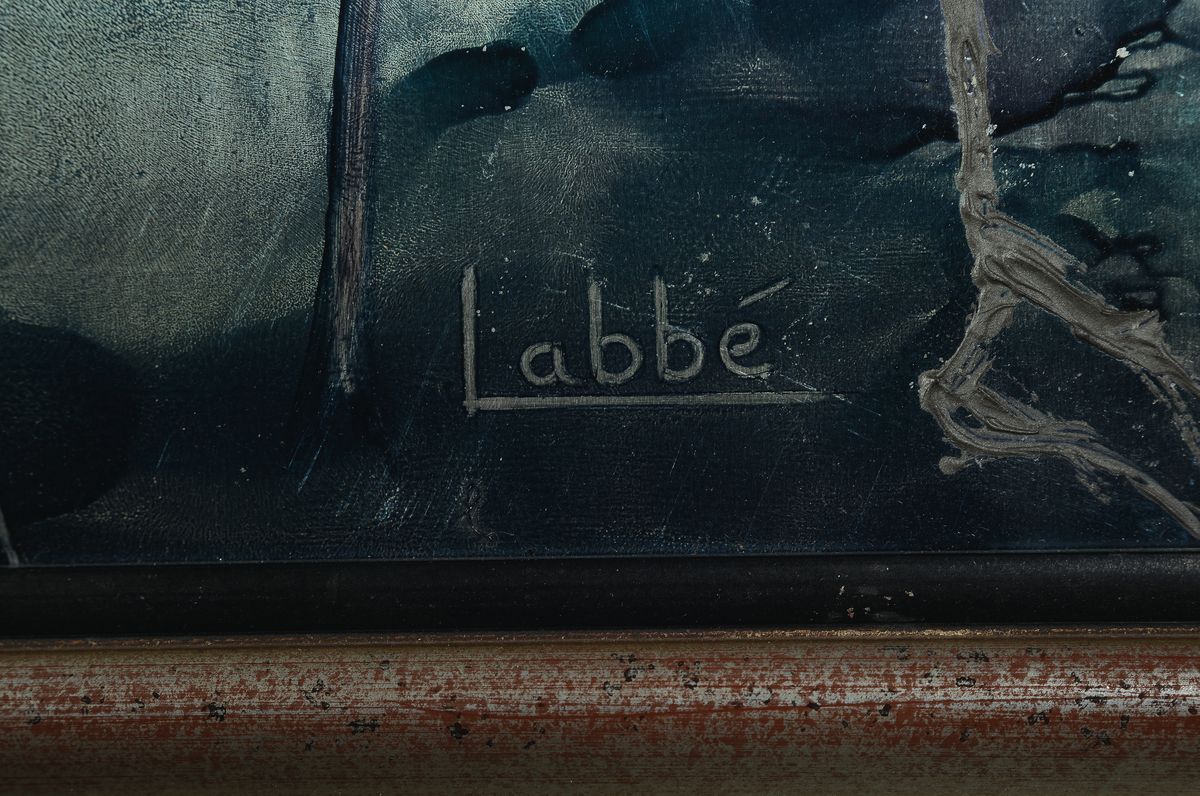 Detail a: Patrice Labbé, zeitgenössischer französischer Künstler, Loneurville, Mischtechnik auf Metallplatte, "Nocturne Fantastique", re. unten ...
