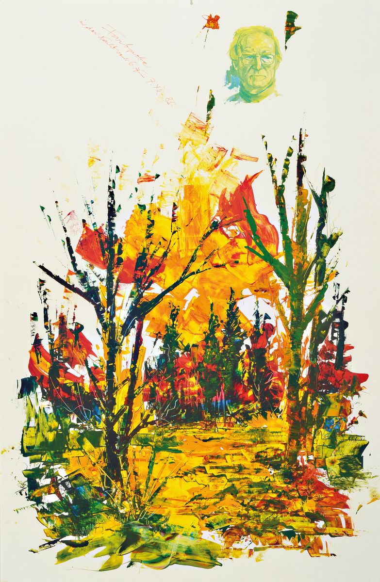 Heiner Deege, 1920-2007 Haßloch, Landschaft mit Selbstbildnis, Acryl auf Malkarton, bezeichnet: Farbprobe in der Nacht vom 6. zum 7. XII 85, ca. ...