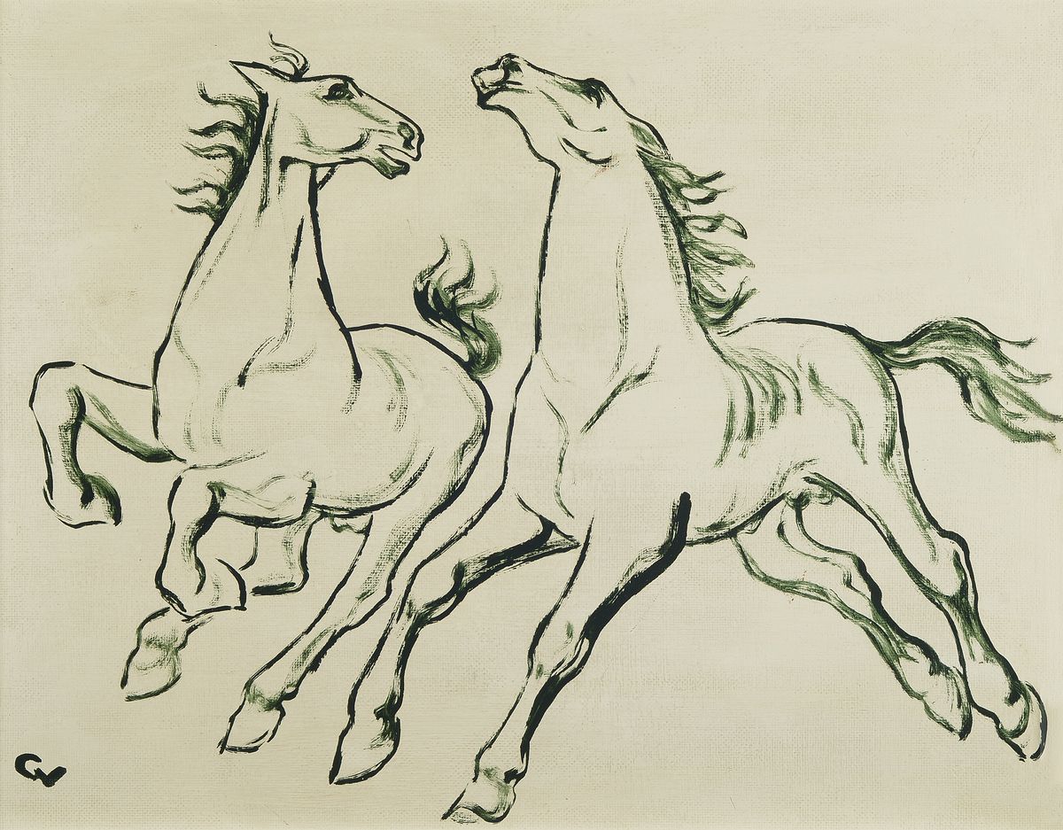 Georg Vorhauer, 1903 Paris-1981 Neustadt/Wstr., Grüne Pferde, so rückseitig auf Etikett betitelt, Öl/Hartfaserplatte, links unten monogrammiert, ...