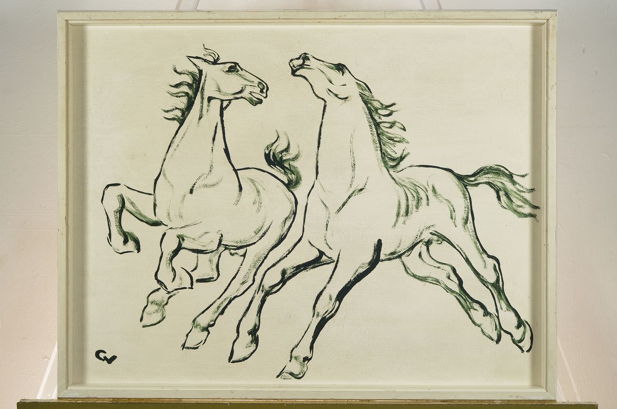 Detail k: Georg Vorhauer, 1903 Paris-1981 Neustadt/Wstr., Grüne Pferde, so rückseitig auf Etikett betitelt, Öl/Hartfaserplatte, links unten monogrammiert, ...