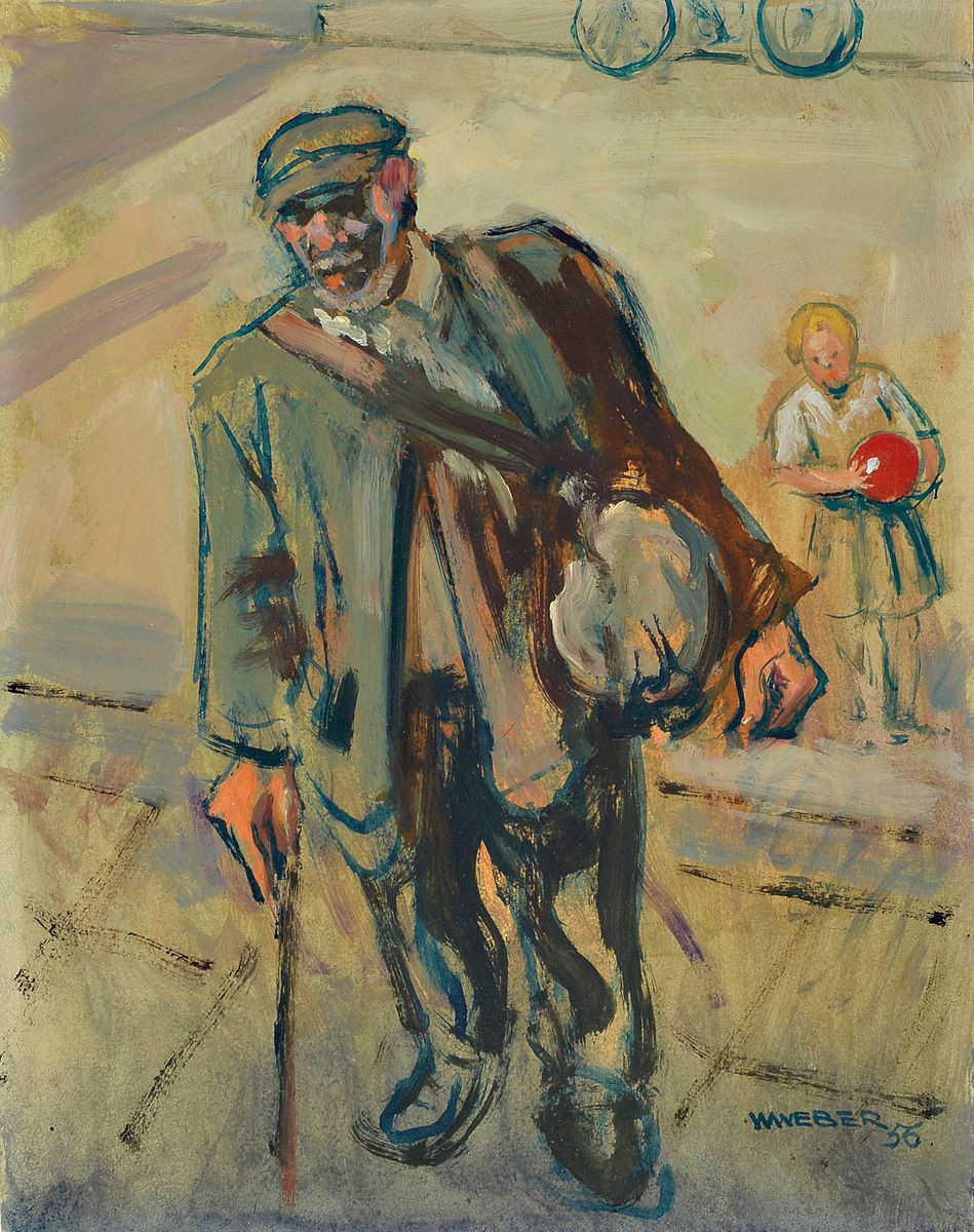 Willy Weber, 1895-1959 Ludwigshafen/Rhein, Alter Mann und Mädchen mit Ball, Öl/Papier, signiert und dat. 56, ca. 28x22cm, PP, u.Gl., R. ca. 41x36cm