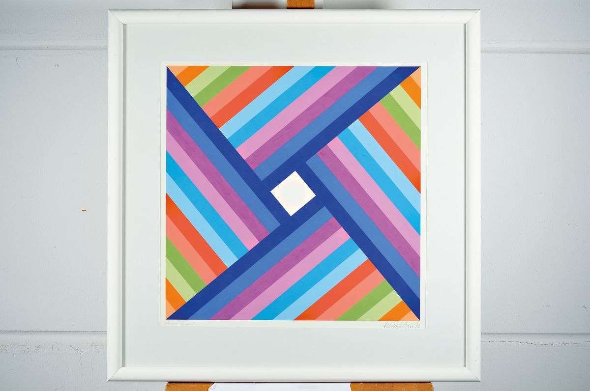 Detail k: Heinz Klein, 1921-1983 Mehlingen/Pfalz, bekannter Vetreter der op-Art, hier: Verschränkungen, Tempera und Aquarell auf Papier, rechts unten signiert ...