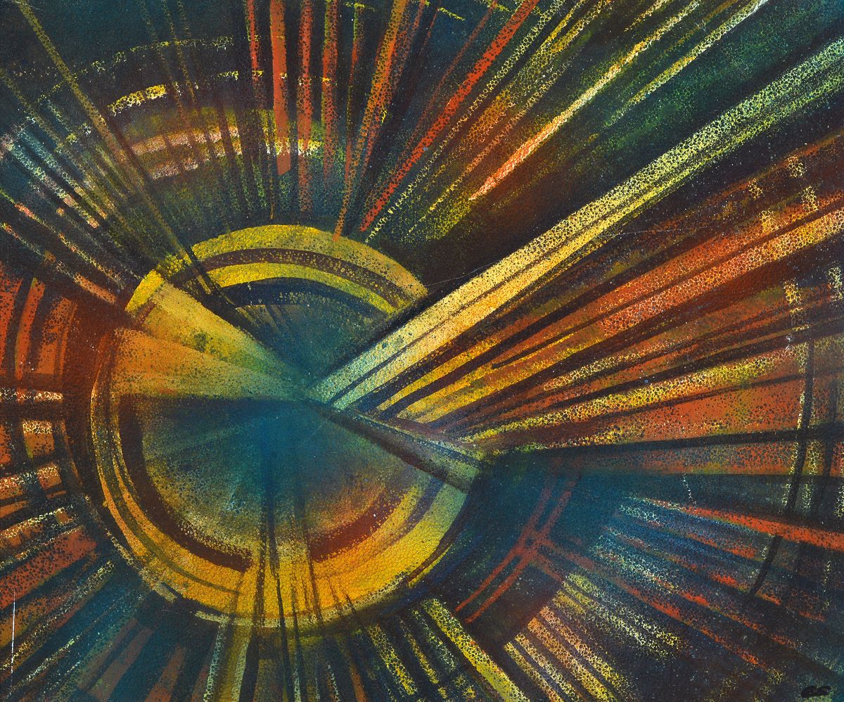 Erich Schug, 1906 Ludwigshafen-1982 Bad Dürkheim, Kosmische Lichtstrahlen, Acryl auf Styropor, rechts unten monogr., ca. 49x59cm, R. ca. 62x71cm