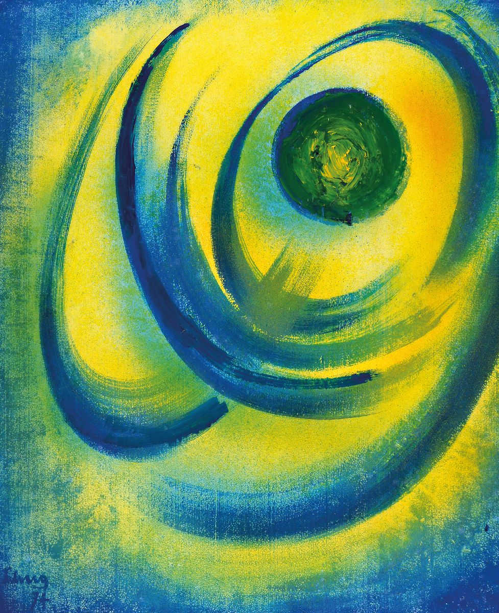 Erich Schug, 1906 Ludwigshafen-1982 Bad Dürkheim, Kosmische Energie, Acryl auf Styropor, Farbe auf Grund der Dicke mit Aufsprengungen, links unten ...