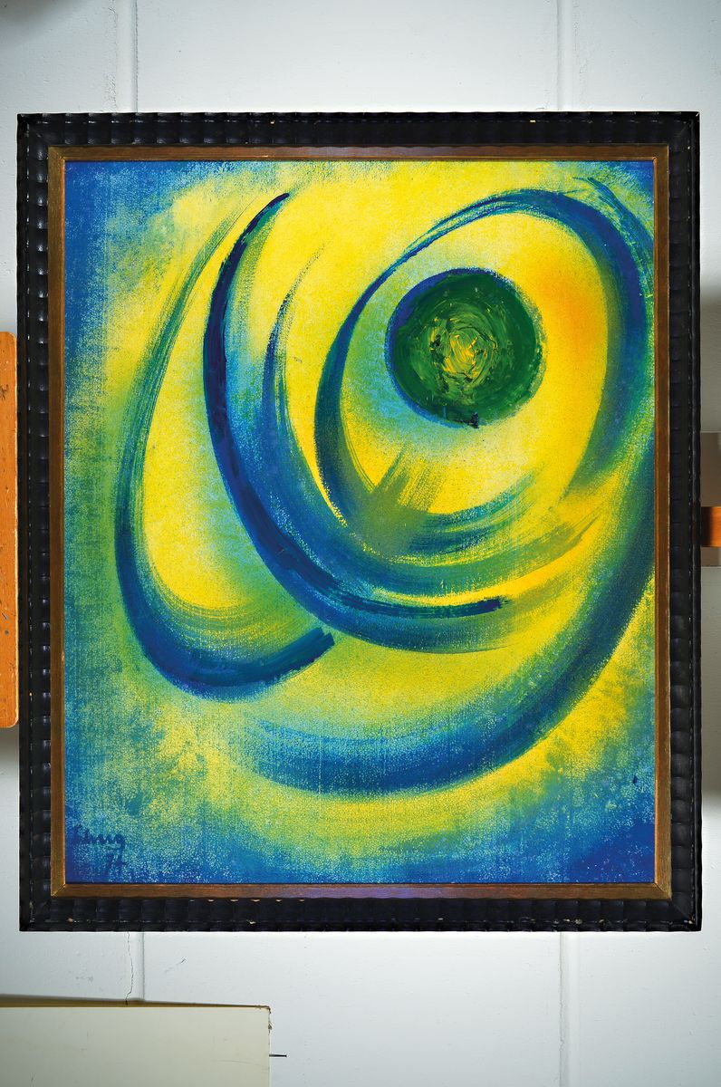 Detail k: Erich Schug, 1906 Ludwigshafen-1982 Bad Dürkheim, Kosmische Energie, Acryl auf Styropor, Farbe auf Grund der Dicke mit Aufsprengungen, links unten ...