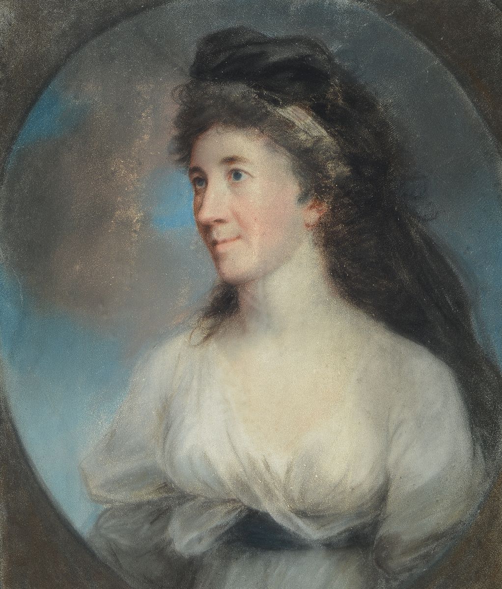 Unbekannter Porträtist des Biedermeier, um 1820, Pastell, Porträt einer Dame im weißem Kleid, leichte Altersschäden, ca. 31.5 x 25 cm, Rahmen