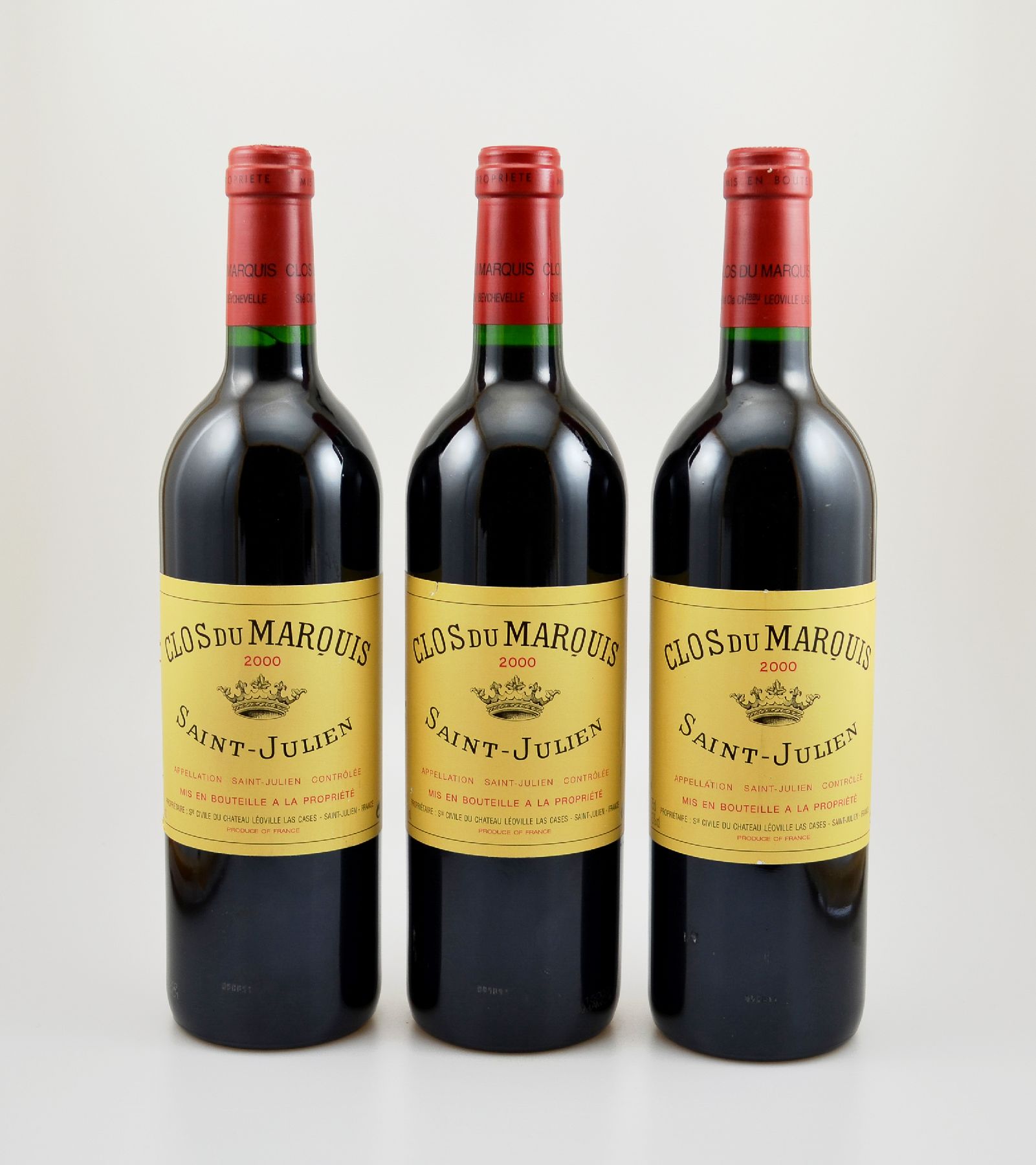 3 Flaschen 2000er Clos du Marquis, Saint-Julien, 2. Wein von Chateau Leoville-Las Cases, je ca. 75 cl, 13 % Vol., Füllstände: je into neck, gute ...