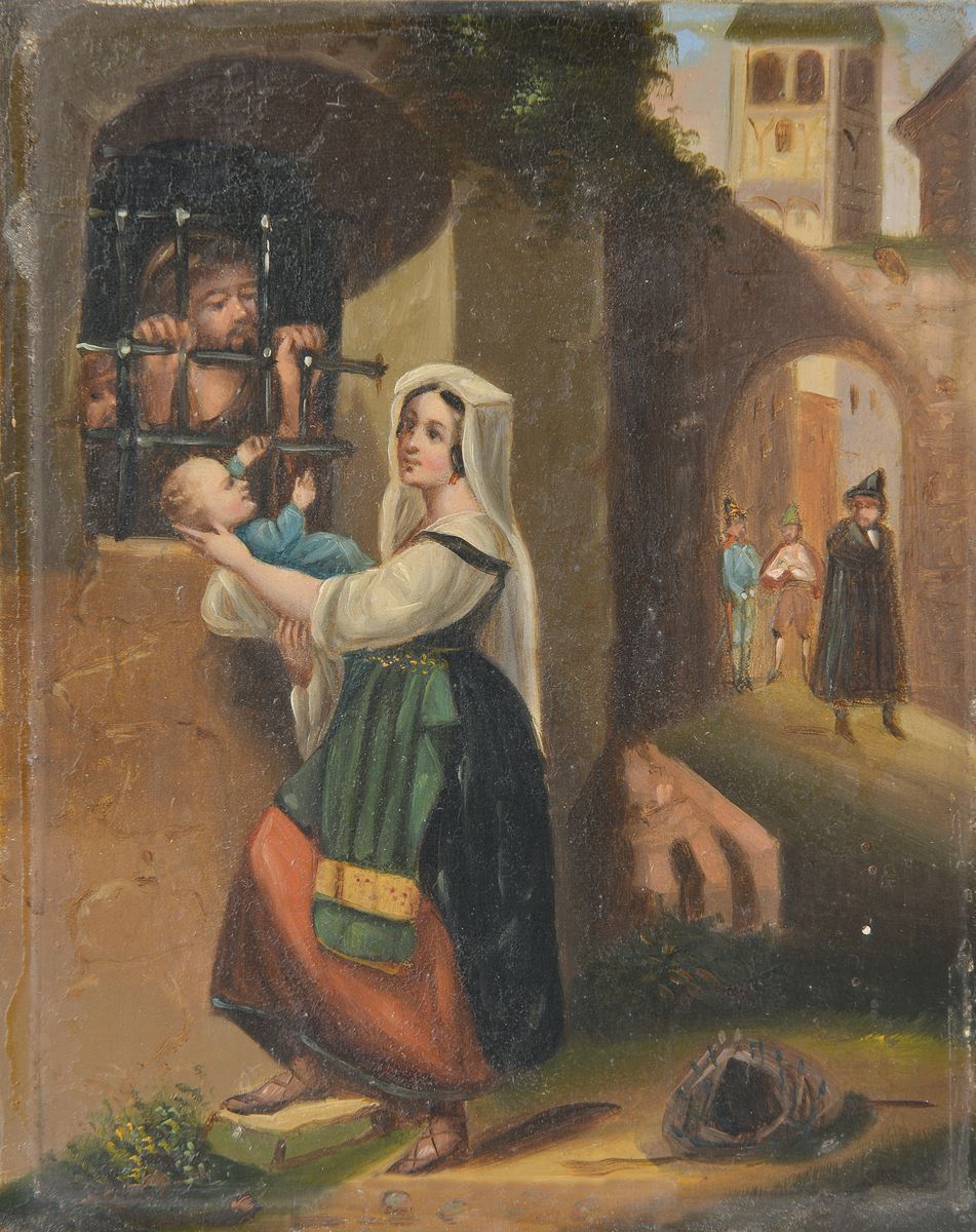 Unbekannter Künstler, Italien, Mitte 19. Jh., Mutter zeigt das Kind dem inhaftierten Vater, Öl/Weissblech, ca. 13x10cm, Rahmen beschädigt