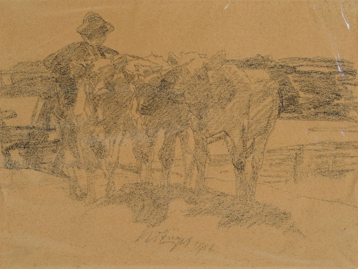 Heinrich von Zügel, 1850-1941, Hütejunge mit drei Kälbchen, Lithographie, mittig signiert, altersbedingt gebräunt, Passepartout, Bildausschnitt ...