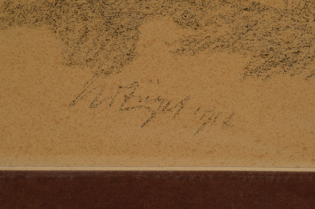 Detail a: Heinrich von Zügel, 1850-1941, Hütejunge mit drei Kälbchen, Lithographie, mittig signiert, altersbedingt gebräunt, Passepartout, Bildausschnitt ...