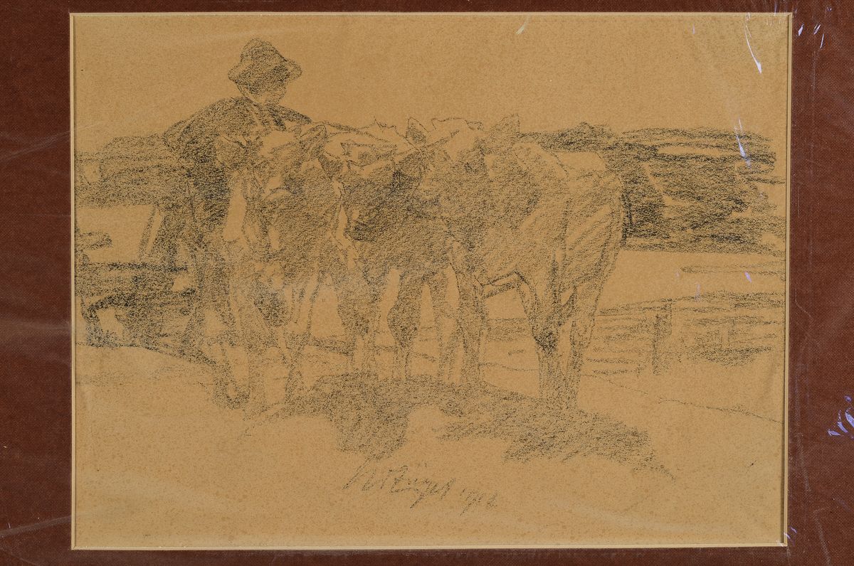 Detail k: Heinrich von Zügel, 1850-1941, Hütejunge mit drei Kälbchen, Lithographie, mittig signiert, altersbedingt gebräunt, Passepartout, Bildausschnitt ...