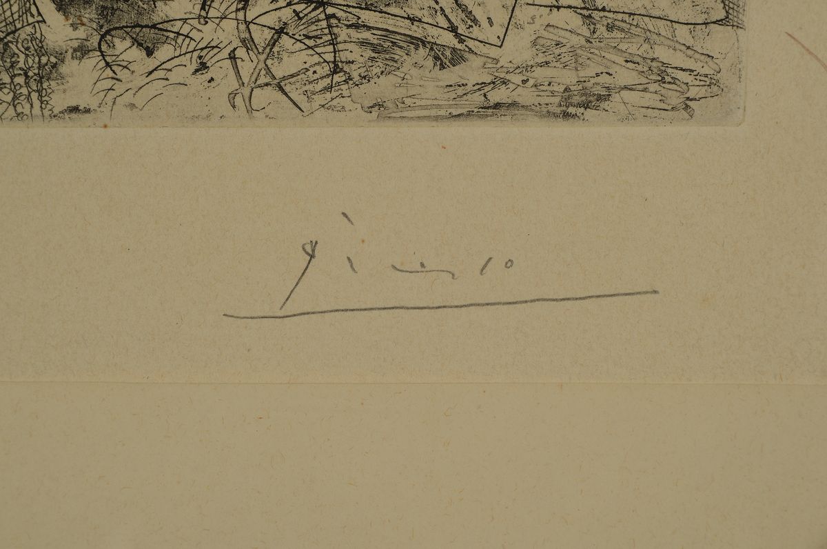 Detail a: Pablo Picasso, 1881-1973, Rembrandt a la palette, Radierung, Blatt 34 der Suite Vollard von 1934, Büttenpapier mit Prägedruck Picasso mittig unten, ...