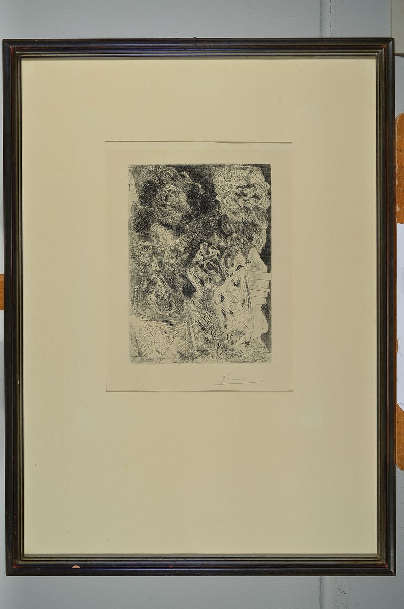 Detail k: Pablo Picasso, 1881-1973, Rembrandt a la palette, Radierung, Blatt 34 der Suite Vollard von 1934, Büttenpapier mit Prägedruck Picasso mittig unten, ...