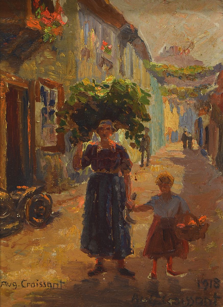 August Croissant, 1870 Landau-1941 Edenkoben, Mutter mit Kind in einer Straße mit Blick auf das Hambacher Schloß, Öl/ Malkarton, signiert und dat. ...