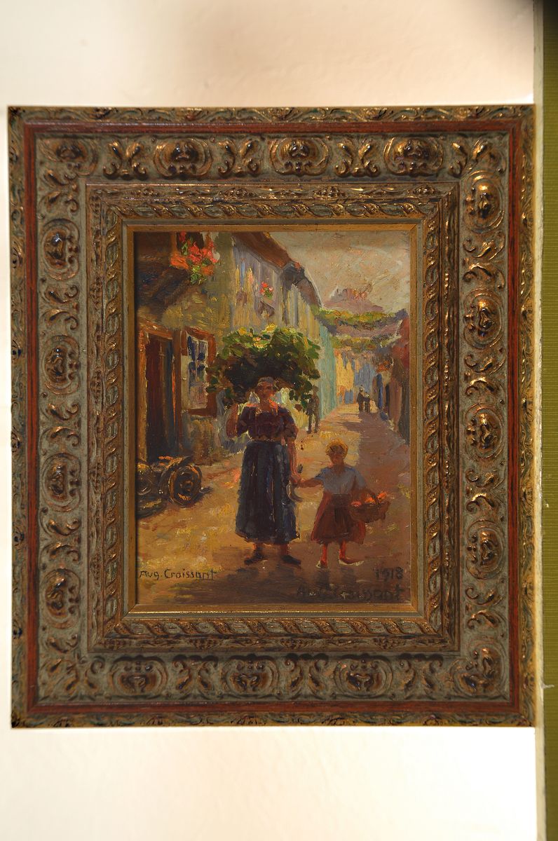 Detail k: August Croissant, 1870 Landau-1941 Edenkoben, Mutter mit Kind in einer Straße mit Blick auf das Hambacher Schloß, Öl/ Malkarton, signiert und dat. ...