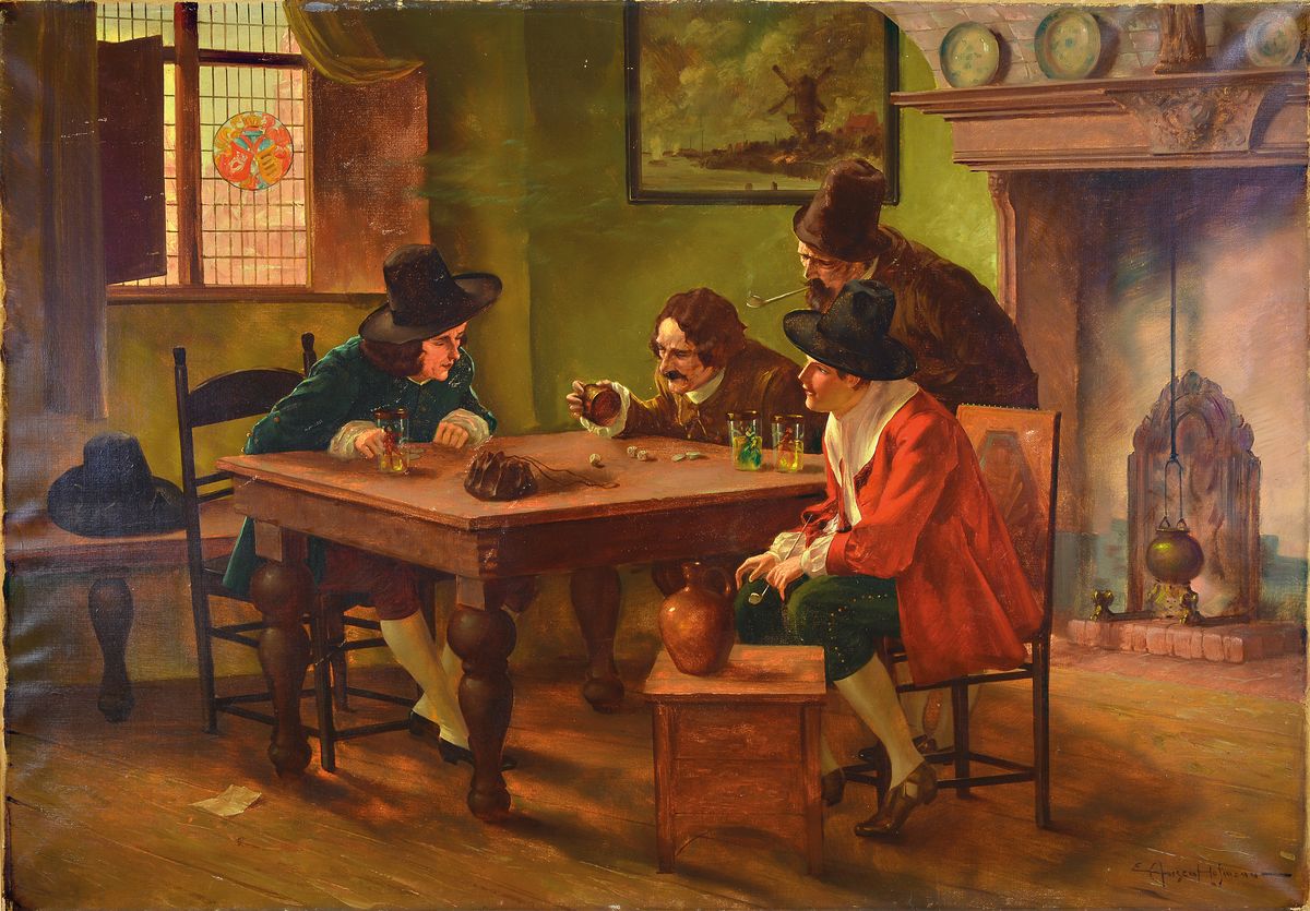 Eugene Ansen Hofmann, 1862-1955, Die Würfelspieler, niederländisches Interieur mit vier Herren beim Würfelspiel, Öl/Lwd, rechts unten signiert E. ...