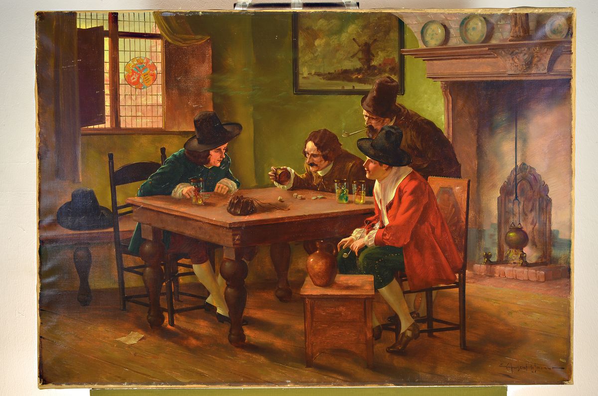 Detail k: Eugene Ansen Hofmann, 1862-1955, Die Würfelspieler, niederländisches Interieur mit vier Herren beim Würfelspiel, Öl/Lwd, rechts unten signiert E. ...