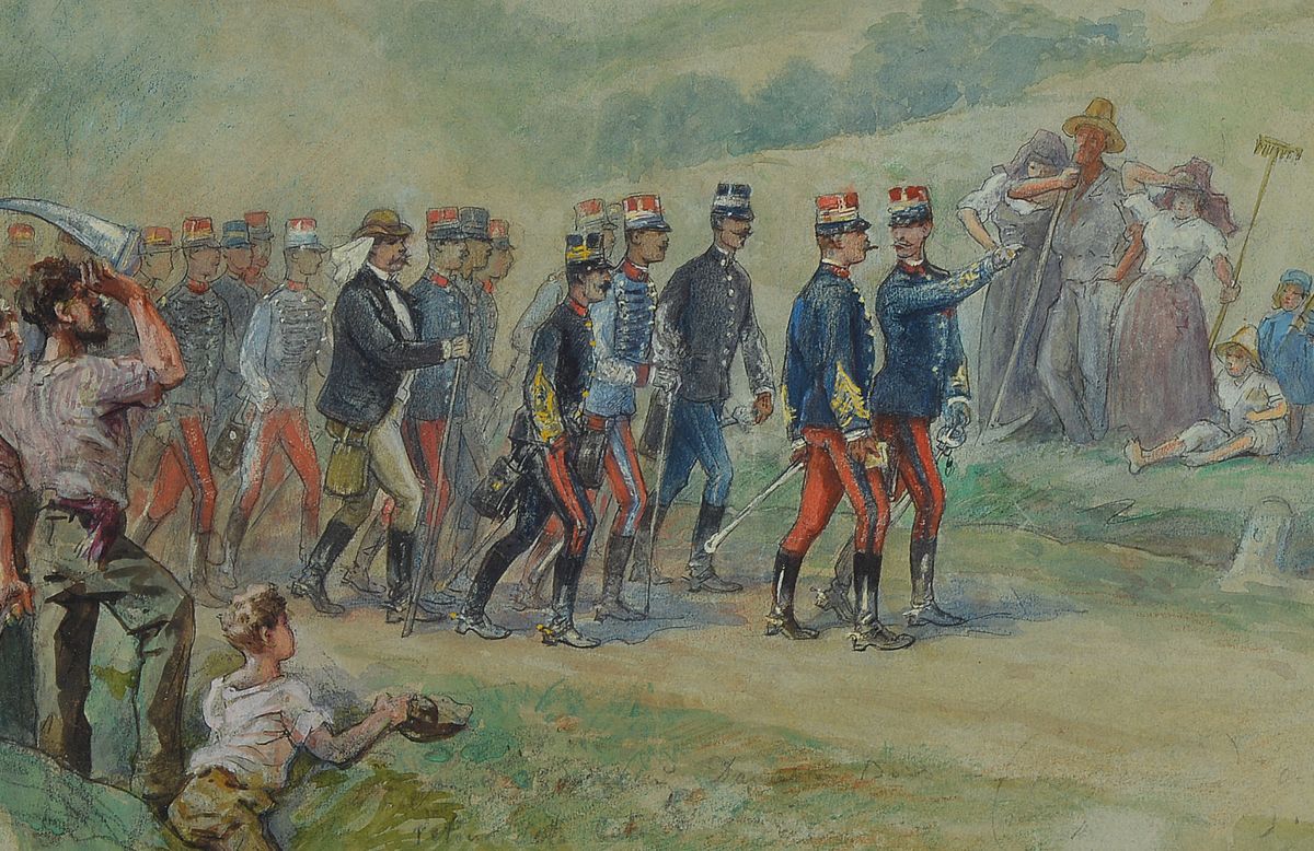 Unbekannter Künstler, um 1900-1910, Französische Soldaten auf einer Straße, am Straßenrand Bauern, Aquarell und Gouache über Bleistift, ca. ...