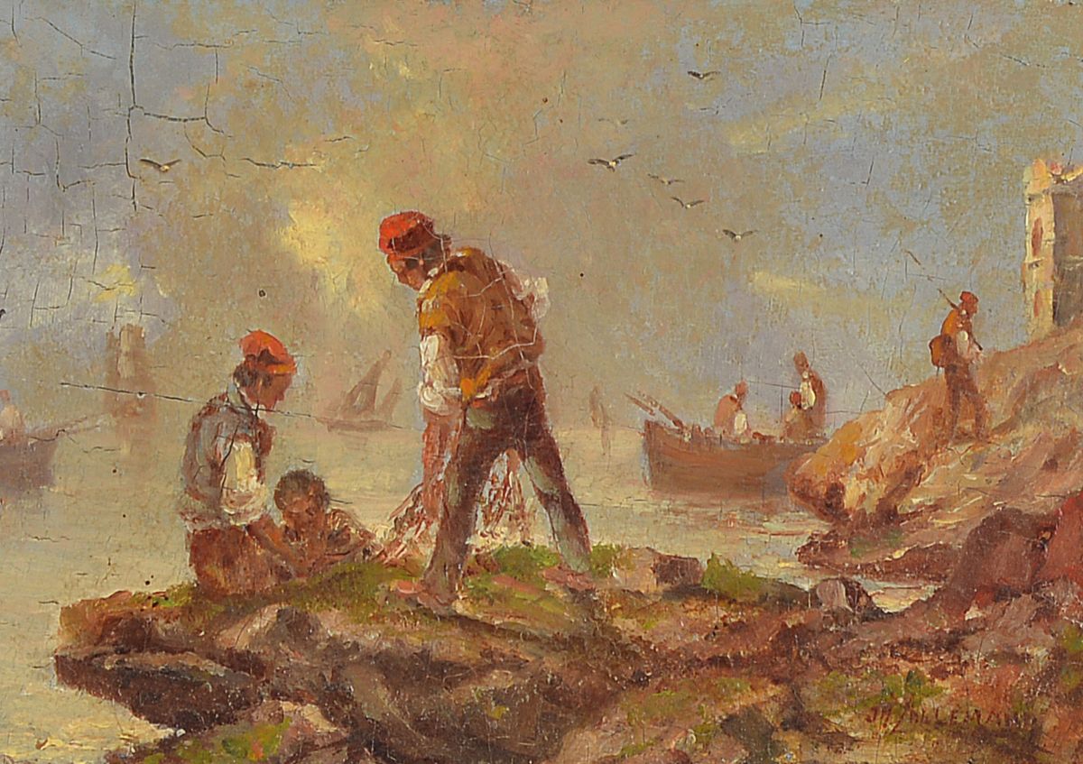 J. H. Allemand, Maler des 19. Jh., Fischer am Felsenstrand, Öl/Holz, rechts unten signiert, ca. 11.5x18cm, Prunkrahmen ca. 36x42cm, dieser leicht ...