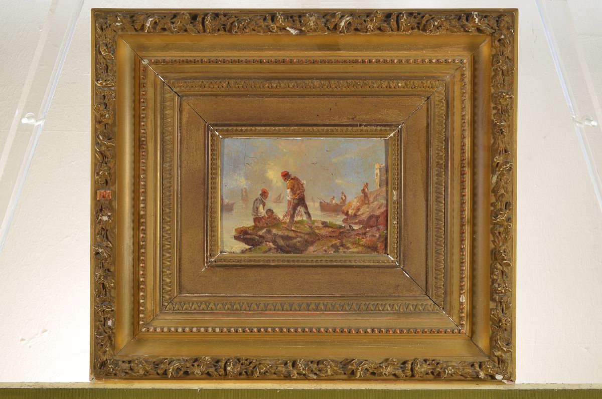 Detail k: J. H. Allemand, Maler des 19. Jh., Fischer am Felsenstrand, Öl/Holz, rechts unten signiert, ca. 11.5x18cm, Prunkrahmen ca. 36x42cm, dieser leicht ...