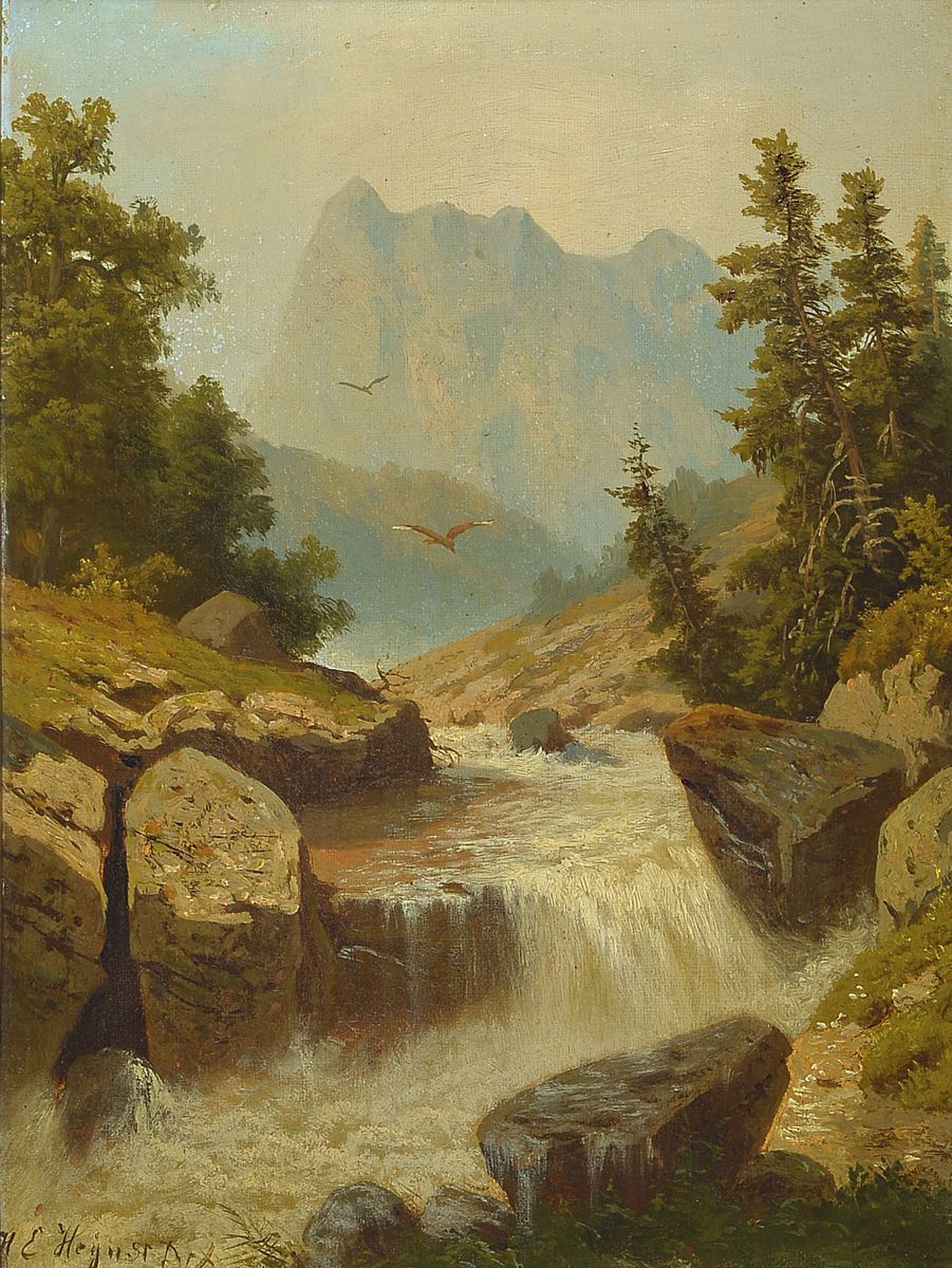Heinrich Eduard Heyn, 1856-1932 Düsseldorf, Wildbach im Gebirge, darüber zwei Greifvögel, Öl/Lwd, links unten signiert: H. E. Heyn sr Ddf, ca. ...