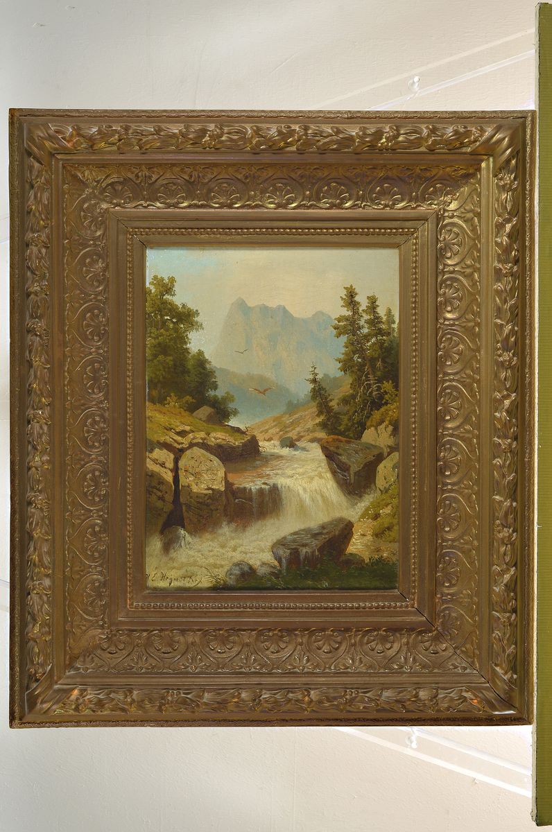 Detail k: Heinrich Eduard Heyn, 1856-1932 Düsseldorf, Wildbach im Gebirge, darüber zwei Greifvögel, Öl/Lwd, links unten signiert: H. E. Heyn sr Ddf, ca. ...
