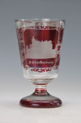 Badeglas, Tschechien, um 1850-60, rubinrotes Glas, in die Form geblasen, Darstellung der Schlackenburg, für Anna Kittel, so bezeichnet, Darstellung ...