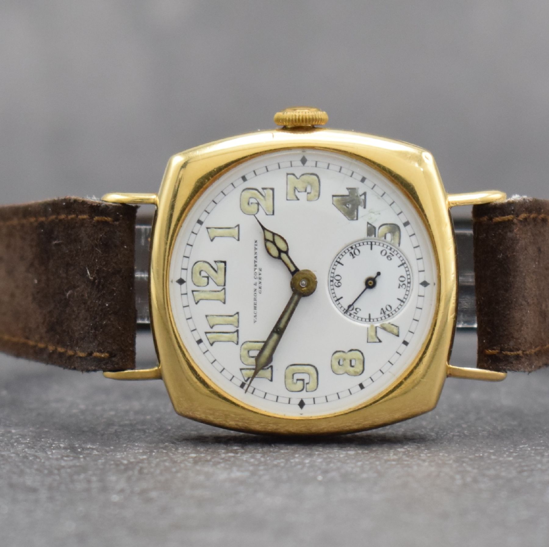 Detail a: VACHERON & CONSTANTIN Geneve frühe Herrenarmbanduhr in GG 750/000, Schweiz um 1920, Handaufzug, 3-teil. Geh., Boden & Glasrand aufgedr., ...