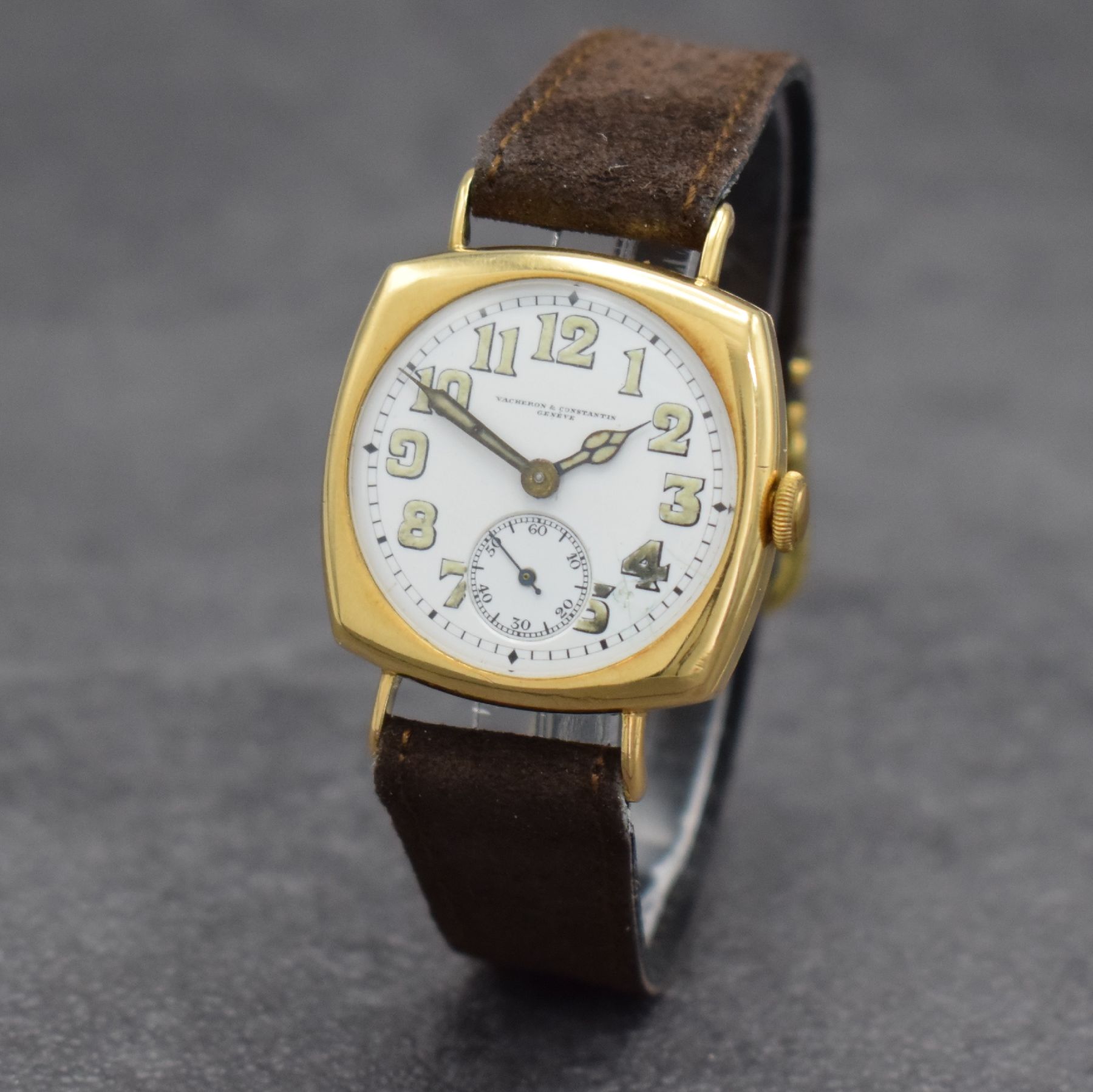 Detail b: VACHERON & CONSTANTIN Geneve frühe Herrenarmbanduhr in GG 750/000, Schweiz um 1920, Handaufzug, 3-teil. Geh., Boden & Glasrand aufgedr., ...
