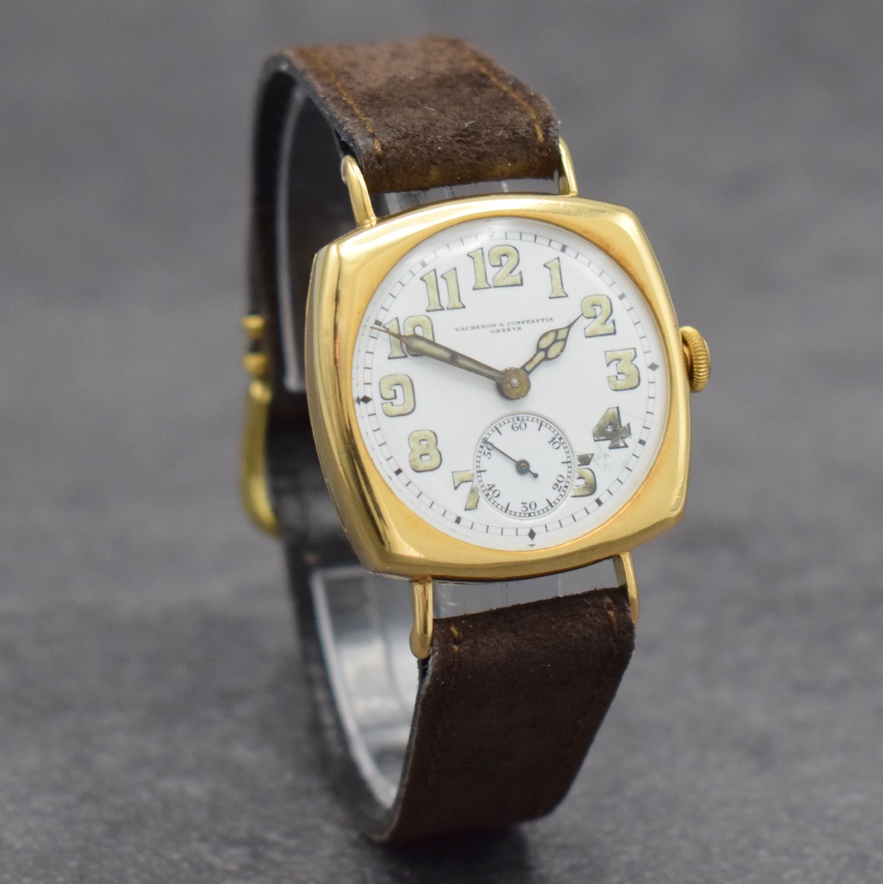 Detail j: VACHERON & CONSTANTIN Geneve frühe Herrenarmbanduhr in GG 750/000, Schweiz um 1920, Handaufzug, 3-teil. Geh., Boden & Glasrand aufgedr., ...