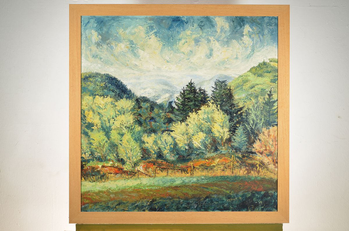 Detail k: E. Backes, badischer Maler, datiert 1951, baumbestandene Mittelgebirgslandschaft, Öl/Hartfaser, pastoser Farbauftrag teils in Spachteltechnik, ...