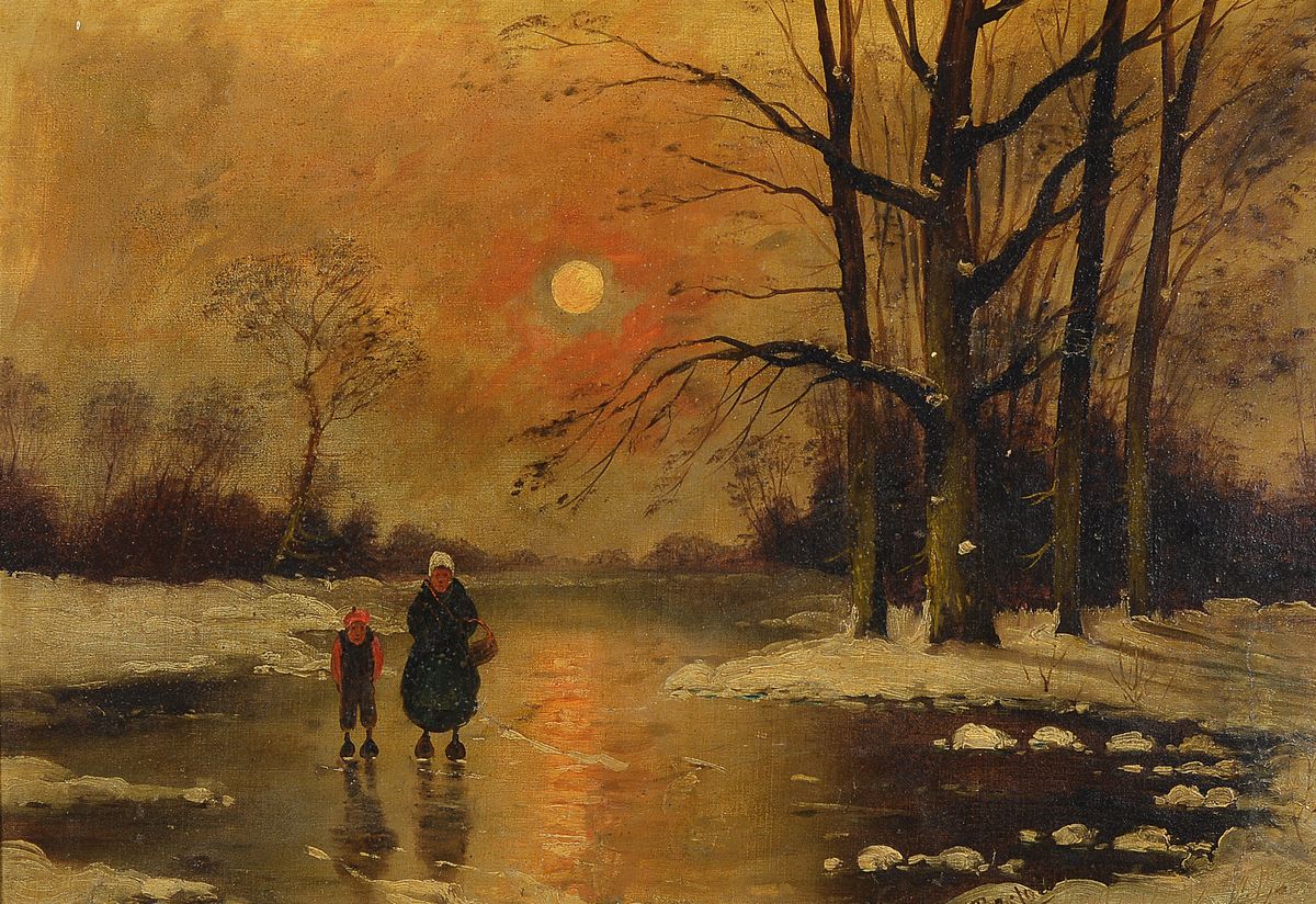 Bertold, wohl Pseudonym des Johann Jungblut, 1860 Saarburg-1912 Düsseldorf, Mutter mit Kind am verschneiten Waldrand, Abendrot, Öl/ Lwd/Holz, ...