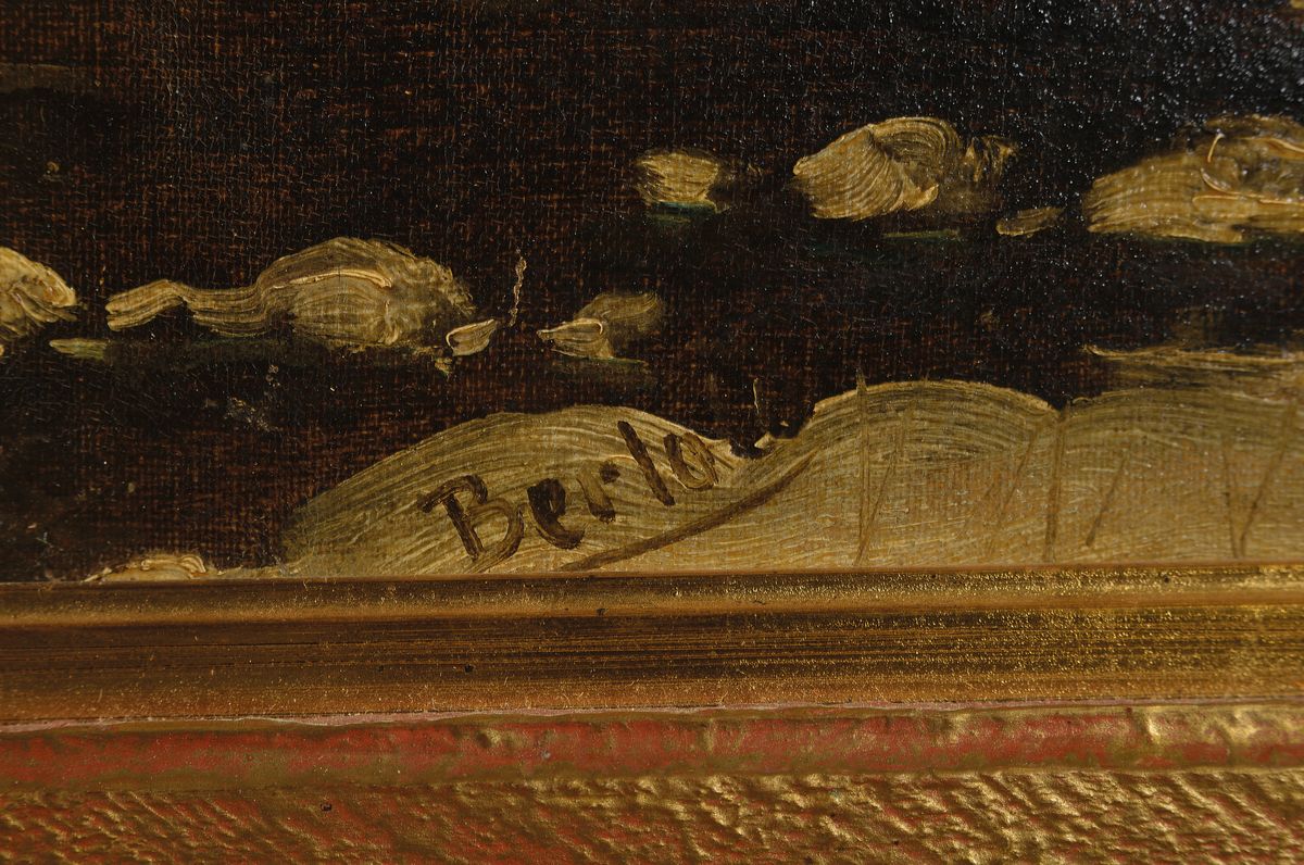 Detail a: Bertold, wohl Pseudonym des Johann Jungblut, 1860 Saarburg-1912 Düsseldorf, Mutter mit Kind am verschneiten Waldrand, Abendrot, Öl/ Lwd/Holz, ...