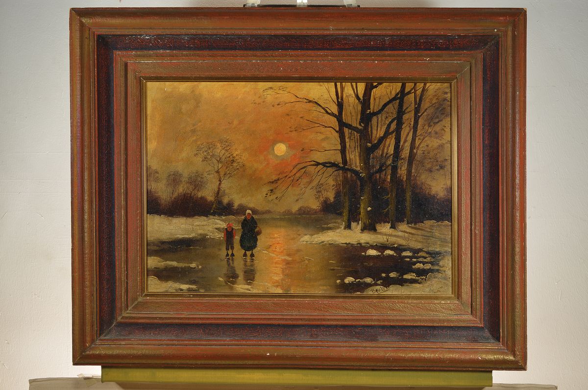Detail k: Bertold, wohl Pseudonym des Johann Jungblut, 1860 Saarburg-1912 Düsseldorf, Mutter mit Kind am verschneiten Waldrand, Abendrot, Öl/ Lwd/Holz, ...