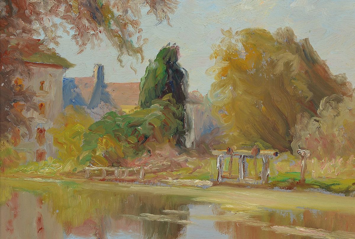 Francois Richard de Montholon, 1856-1940 Paris, bord de riviere, moulin et maisons, Öl/Malkarton, rückseitig Etikett mit Titel, Nachlaßstempel, ...