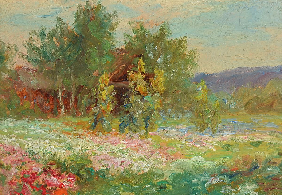Francois Richard de Montholon, 1856-1940 Paris, "parc fleuri sur fond maison", Öl/ Malkarton, rückseitig Nachlaßstempel und Etikett mit ...