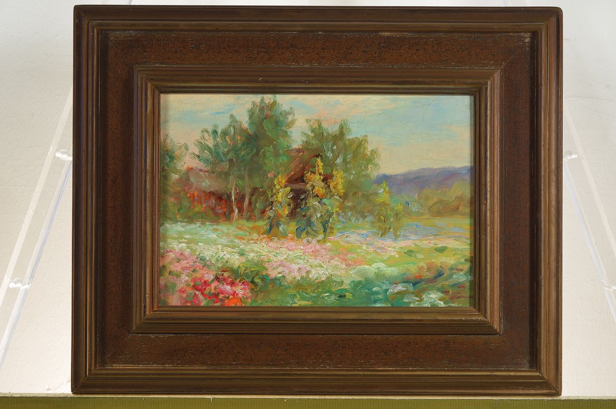 Detail k: Francois Richard de Montholon, 1856-1940 Paris, "parc fleuri sur fond maison", Öl/ Malkarton, rückseitig Nachlaßstempel und Etikett mit ...
