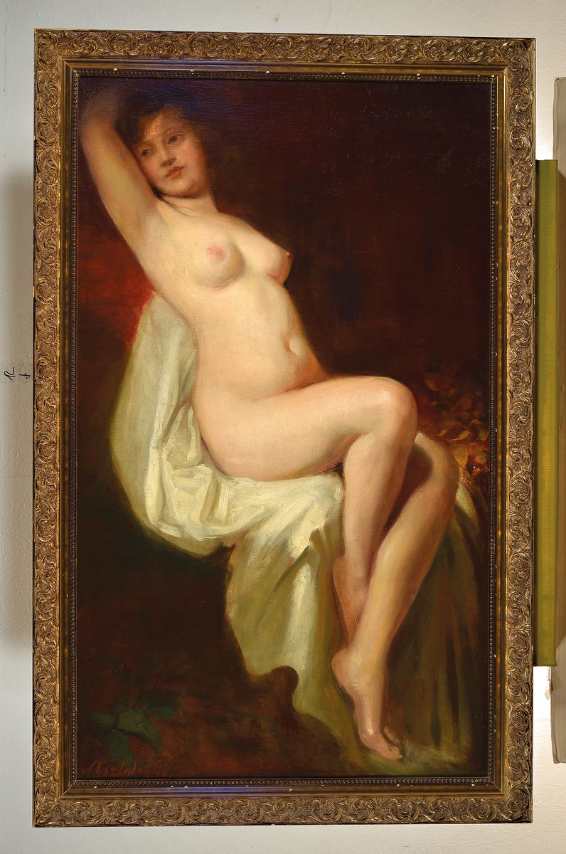 Detail k: Gy. Asztalos, ungarischer Maler, um 1900, junger Frauenakt mit weißem Tuch, die anmutige junge Frau schaut versonnen nach links und hat den linken ...