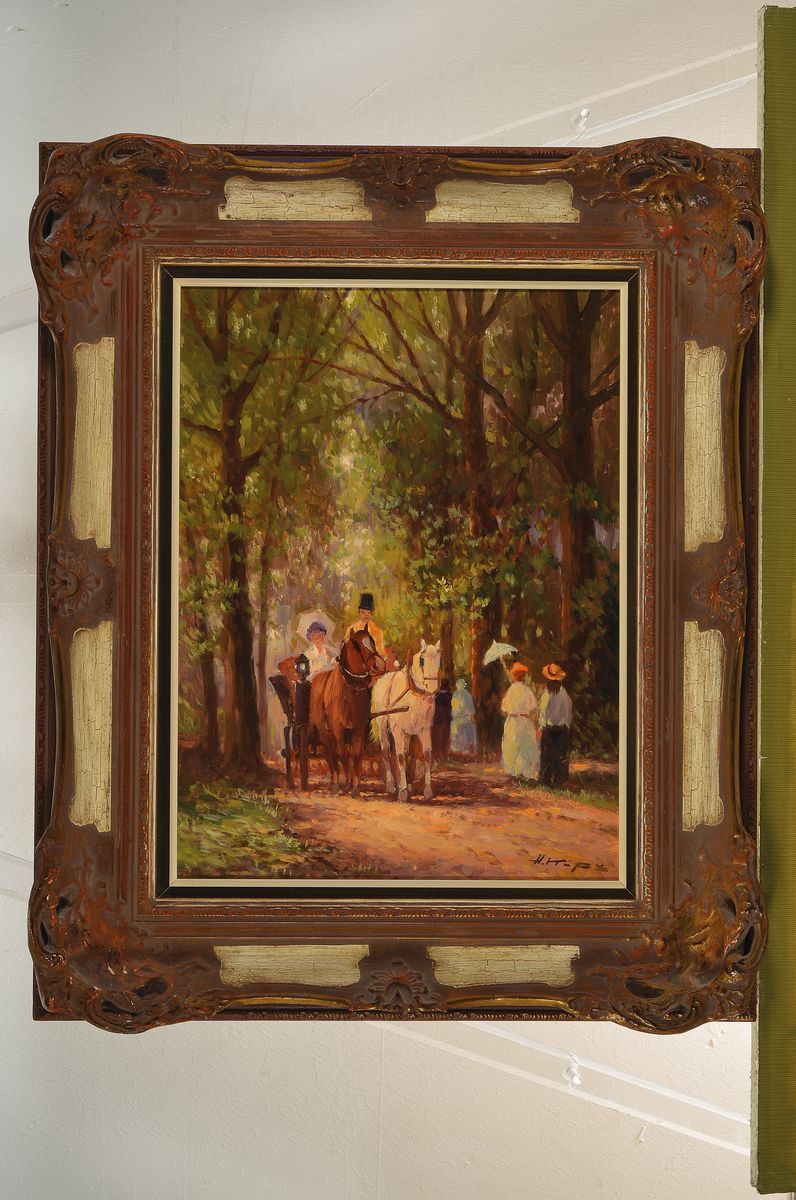 Detail k: Helmut Kips, geb. 1937 Krefeld, Kutsche und Spaziergänger im Wald, Öl/Holz, rechts unten signiert, ca. 40x30cm, R. ca. 57x47cm, mit Zertifikat ...