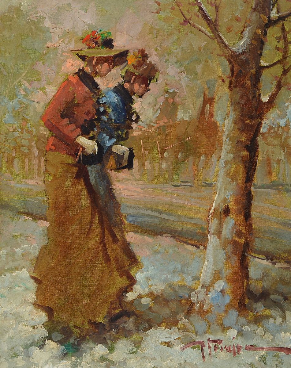 Tommaso Principe, geb. 1942, zwei Damen erwarten die Ankunft der Kutsche, Öl/Lwd, rechts unten signiert, ca. 50x40cm, R. ca. 66x56cm, mit Zertifikat ...