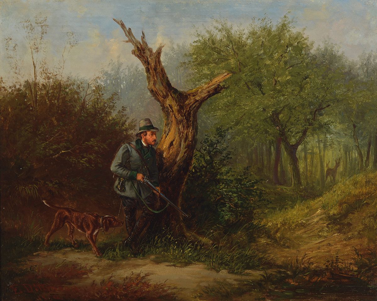 Edmund Dittmann, Berliner Künstler, nachgewiesen um 1856-1887, Jäger mit seinem Hund beobachtet Rehe, Öl/Lwd, links unten signiert, ca. 43x53cm, ...