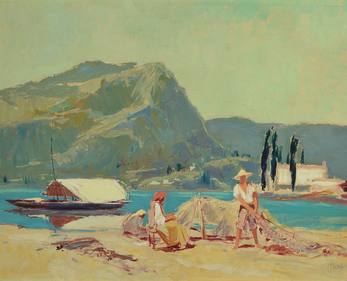 Karl Graf, 1902 - 1986 Speyer, Am Gardasee 1936, so verso bezeichnet, Öl/Holzplatte, rückseitig mit altem Reservierungsetikett von 1974 des ...