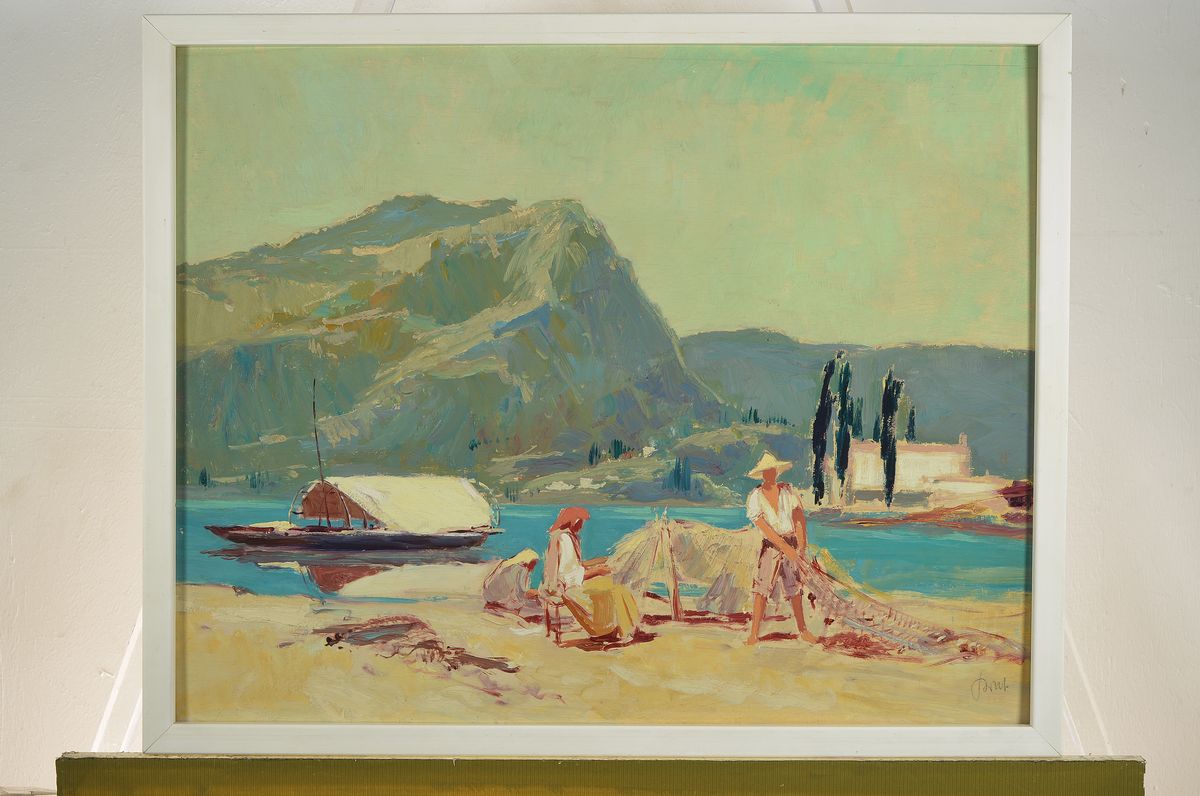 Detail k: Karl Graf, 1902 - 1986 Speyer, Am Gardasee 1936, so verso bezeichnet, Öl/Holzplatte, rückseitig mit altem Reservierungsetikett von 1974 des ...