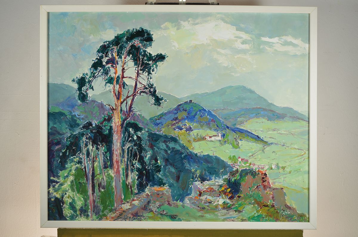 Detail k: Karl Graf, 1902 - 1986 Speyer, Pfälzer Waldlandschaft mit Blick auf den Slevogt-Hof, re. u. signiert, Öl/Platte, ca. 66 x 83 cm/ 71 x 88 cm, Rahmen