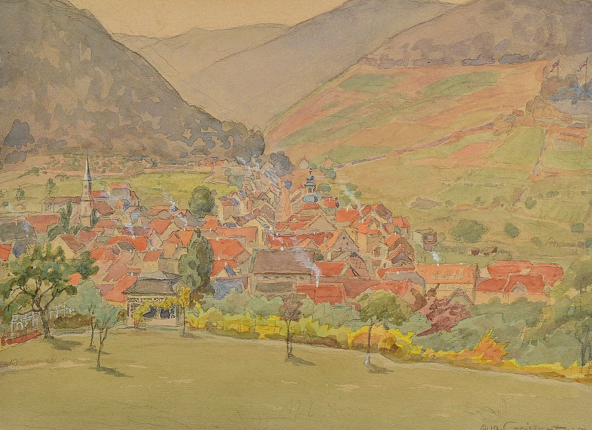 August Croissant, 1870 Landau-1941 Edenkoben, Blick auf Albersweiler, Aquarell auf Papier, rechts unten signiert und datiert 35, ca. 23x32cm, PP, ...