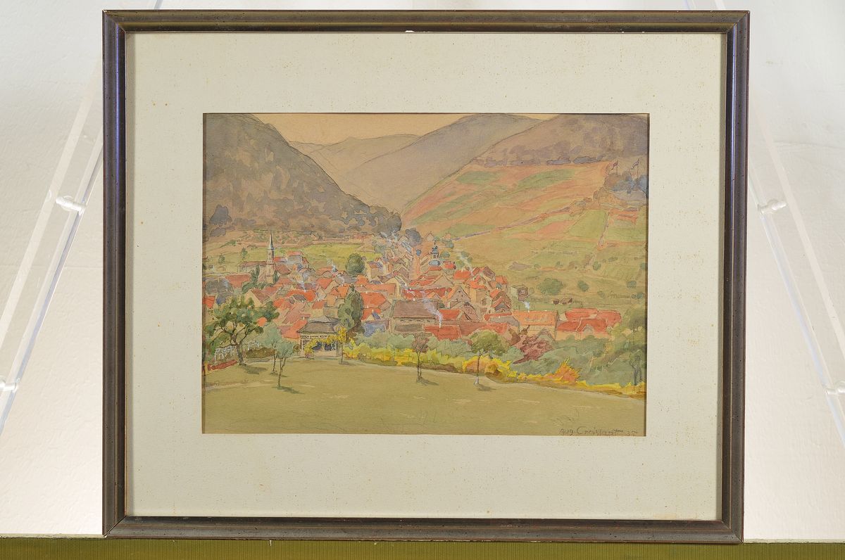 Detail k: August Croissant, 1870 Landau-1941 Edenkoben, Blick auf Albersweiler, Aquarell auf Papier, rechts unten signiert und datiert 35, ca. 23x32cm, PP, ...