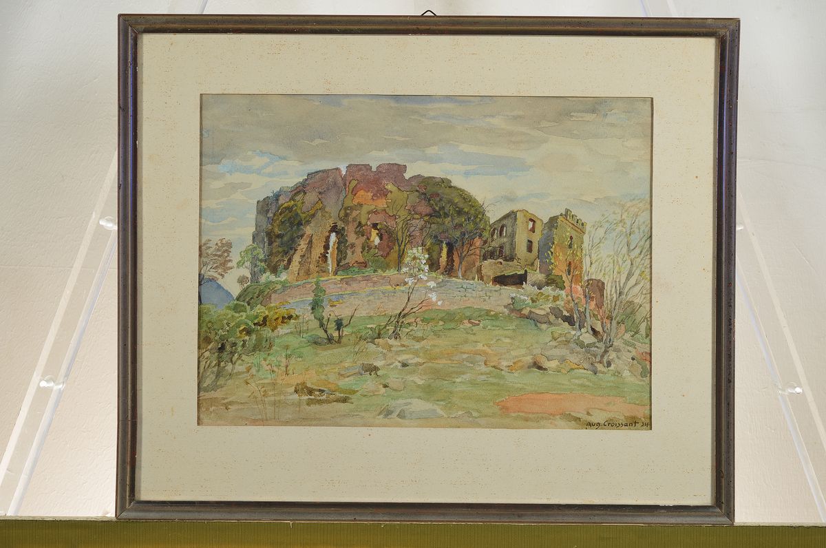 Detail k: August Croissant, 1870 Landau-1941 Edenkoben, Blick auf eine Burgruine in der Pfalz, Aquarell auf Papier, rechts unten signiert und dat. 34, ca. ...