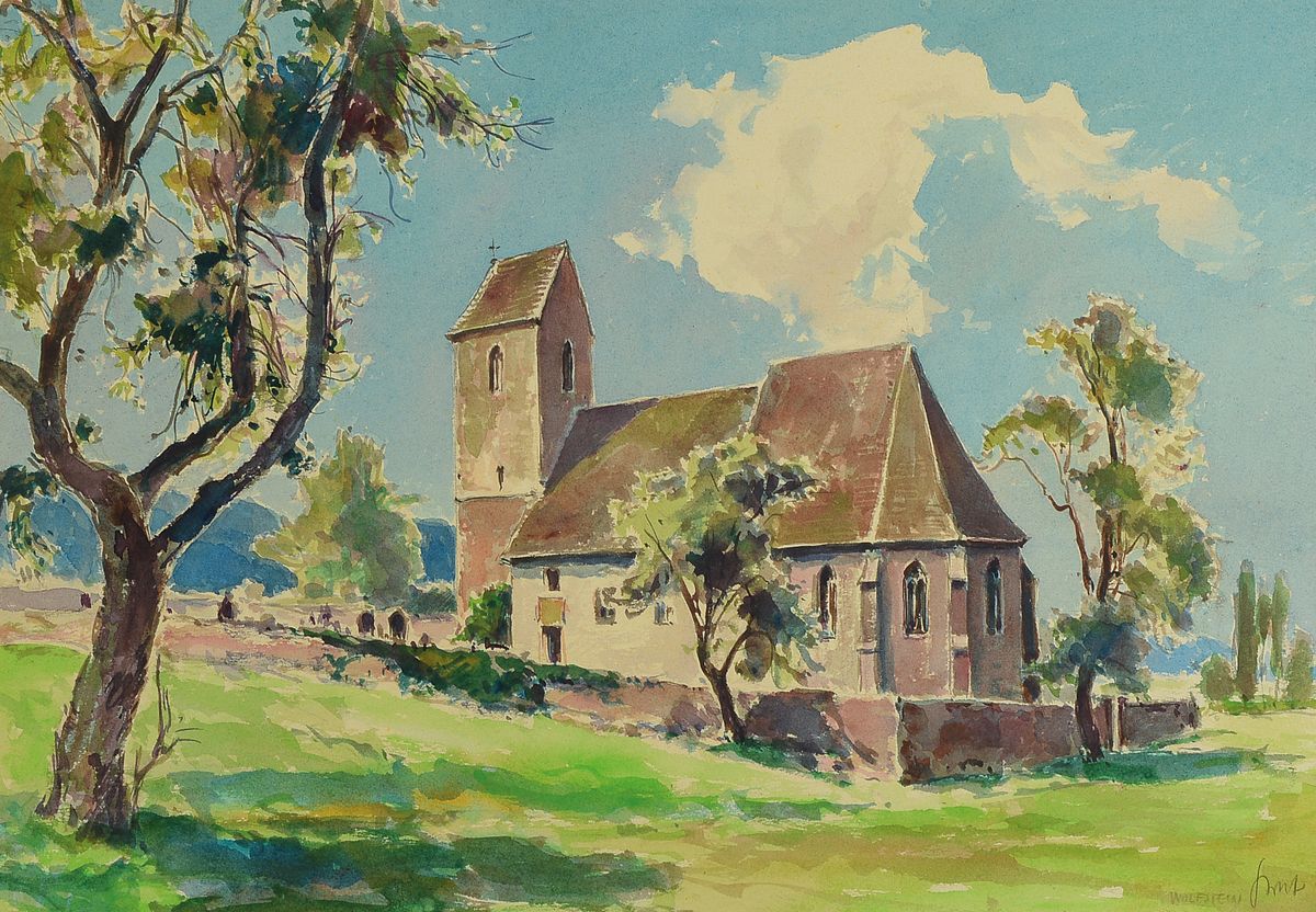 Karl Graf, 1902-1986 Speyer, Die Zweikirche in Wolfstein, Gouache auf Papier, rechts untensigniert, ca. 34x49cm, PP, u.Gl., R. ca. 53x67cm